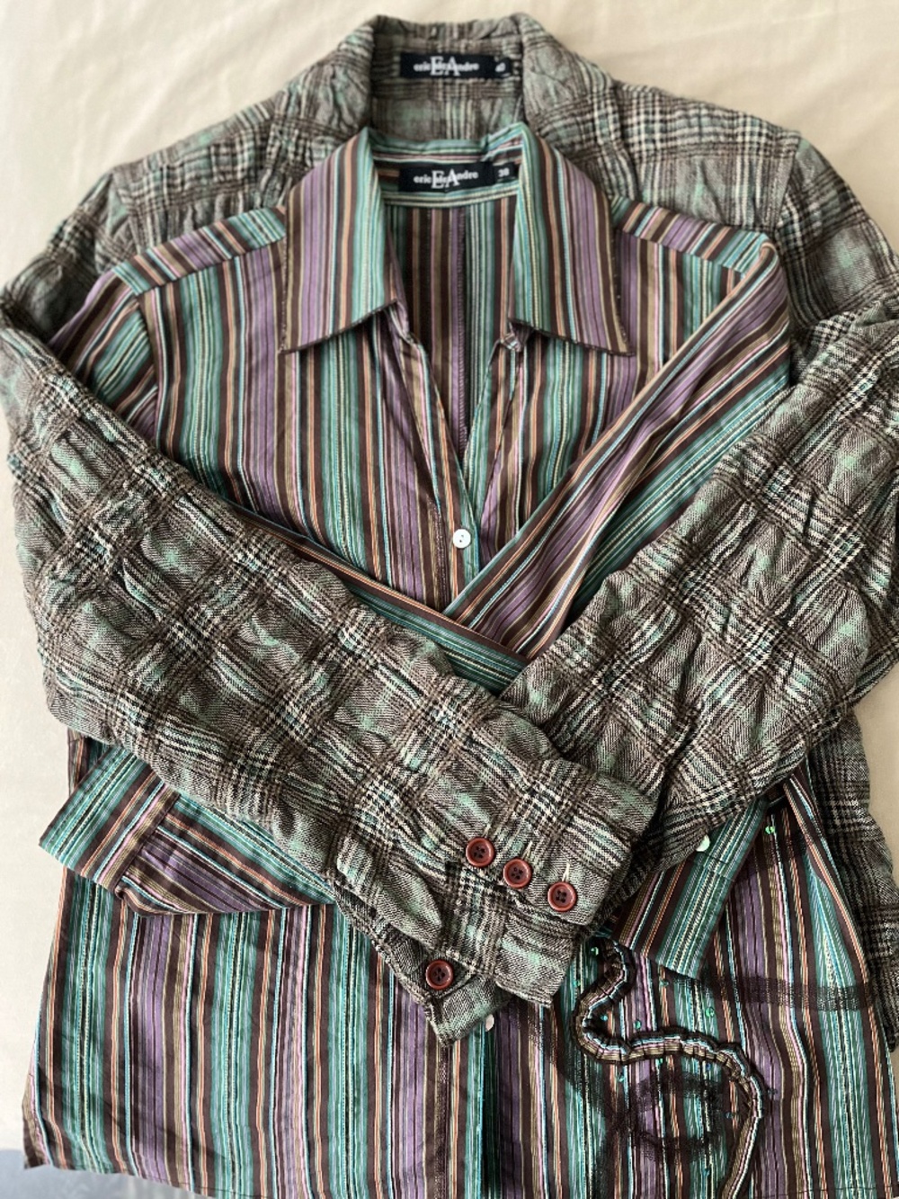 Vintage Eric Alexandre 2-Piece Mixed Print Blouse & Jacket Set - Stripe & Plaid